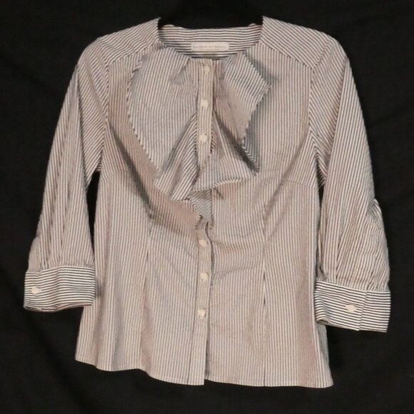 PETER NYGARD - Petites | 6 petites | Elegant Striped Blouse with Ruffle Detail - Picture 1 of 16